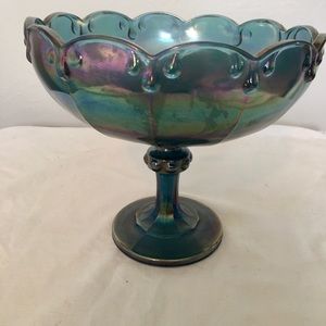 Vintage Blue iridescent carnival glass pedestal bowl